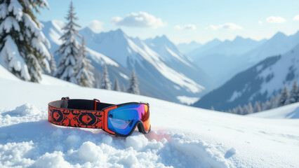 Ski and snowboard mask in the snow with copy space and mountain on background