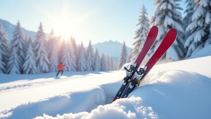 Winter sports equipment resting on a snowy mountain background