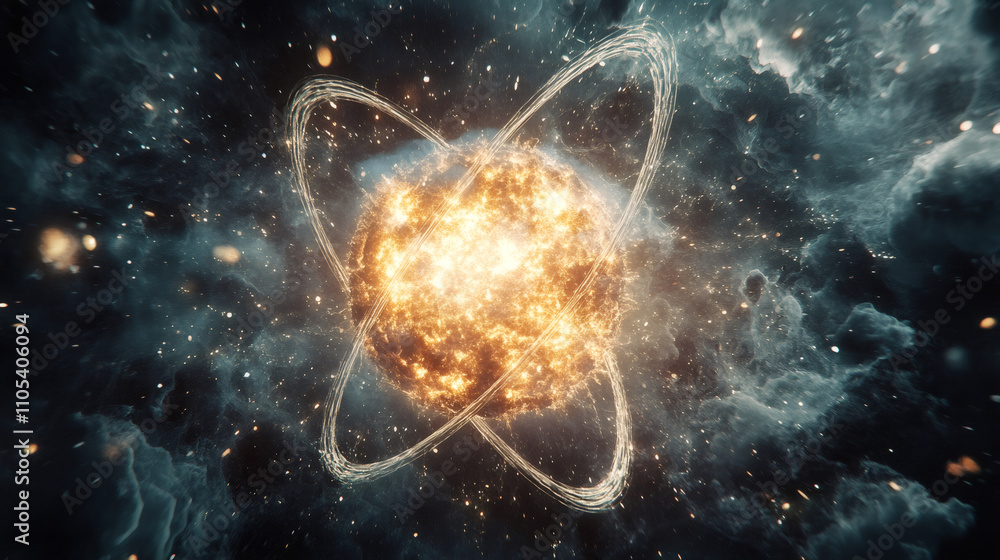 Fototapete Exploding planet resembling an atom with orbiting trails, ideal for space exploration and scientific projects