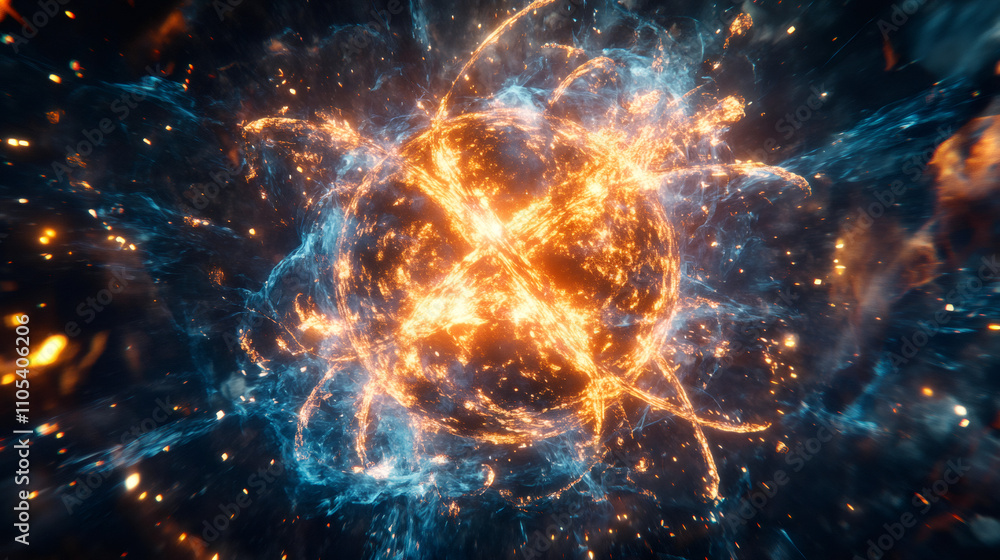 Leinwandbilder orange and blue plasma ball exploding and creating energy waves in the vastness of outer space