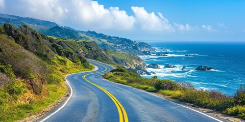 Scenic view along a stunning coastal road, showcasing beautiful landscapes and picturesque scenery. Experience the charm of a coastal road that captivates with its breathtaking views.