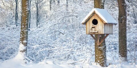 Birdhouse nestled among trees blanketed in snow, creating a serene winter scene. This charming birdhouse adds character to the snow strewn trees, enhancing the beauty of nature in winter.