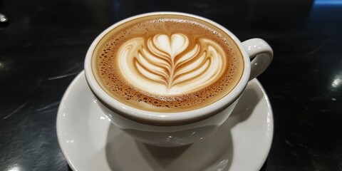 Cappuccino with exquisite tulip latte art, a perfect cup of cappuccino for enjoying at your workspace. This cozy cup of coffee with milk foam complements any freelance working environment.