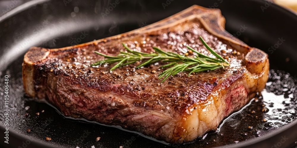 Poster cooking a t bone steak in a frying pan with butter creates a delicious t bone steak dinner. enjoy th