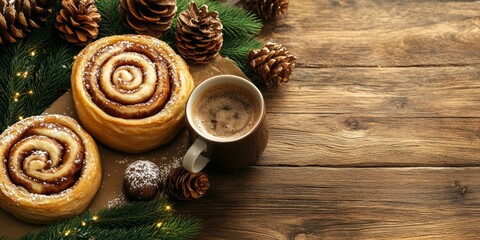 Fototapeta premium Delightful Christmas sweet rolls paired with coffee, set against a warm brown wooden background that enhances the festive Christmas atmosphere. Experience the joy of Christmas sweet rolls.