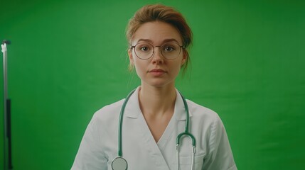 Full body shot portrait on a young pretty 30 years nurse on a white nurse uniform she seems caucasian short well groomed hair and glasses she is on a green screen tv set no cameras.