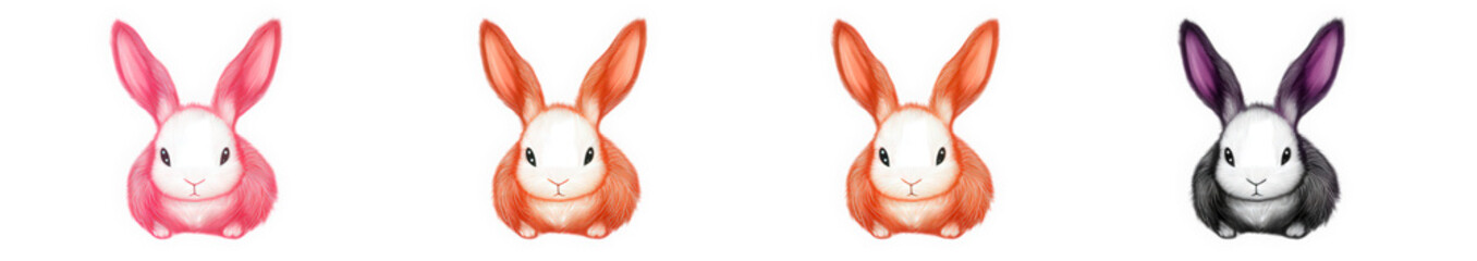 Obraz premium four cute rabbits. each with a different color fur the first one is pink. the second one is orange. the third one is red and the last one is black all rabbits have white fur on their face