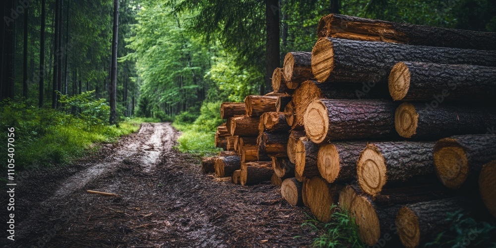 Poster freshly cut pine wood logs stacked along a forest path, showcasing an abundant collection of pine wo