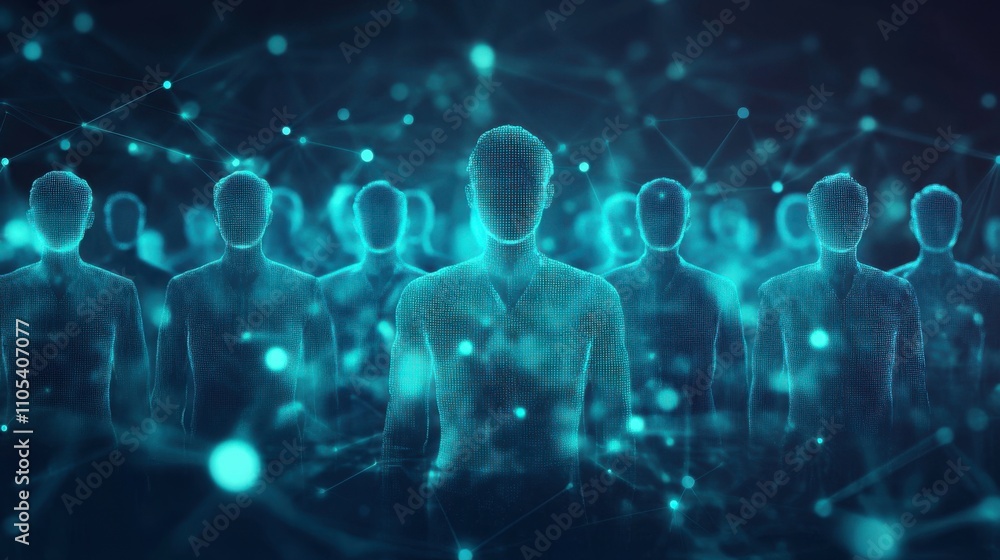 Poster ethereal human silhouette with digital connective web representing virtual community and technology 