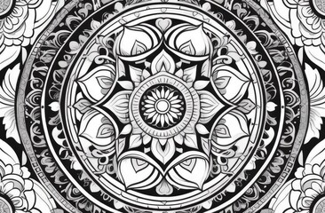 A detailed black and white mandala featuring floral motifs and intricate geometric patterns arranged in harmonious concentric circles, symbolizing balance and creativity