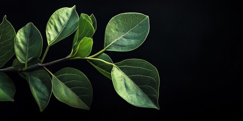 Obraz premium Fresh leaves displayed against a black background create a striking contrast, highlighting the beauty and details of fresh leaves in a minimalist setting. Fresh leaves bring a natural touch to your