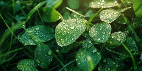 Water drops glisten on fresh green leaves, creating a vibrant scene of nature. This image captures the beauty of grass and leaves adorned with water drops, showcasing their freshness and vitality.