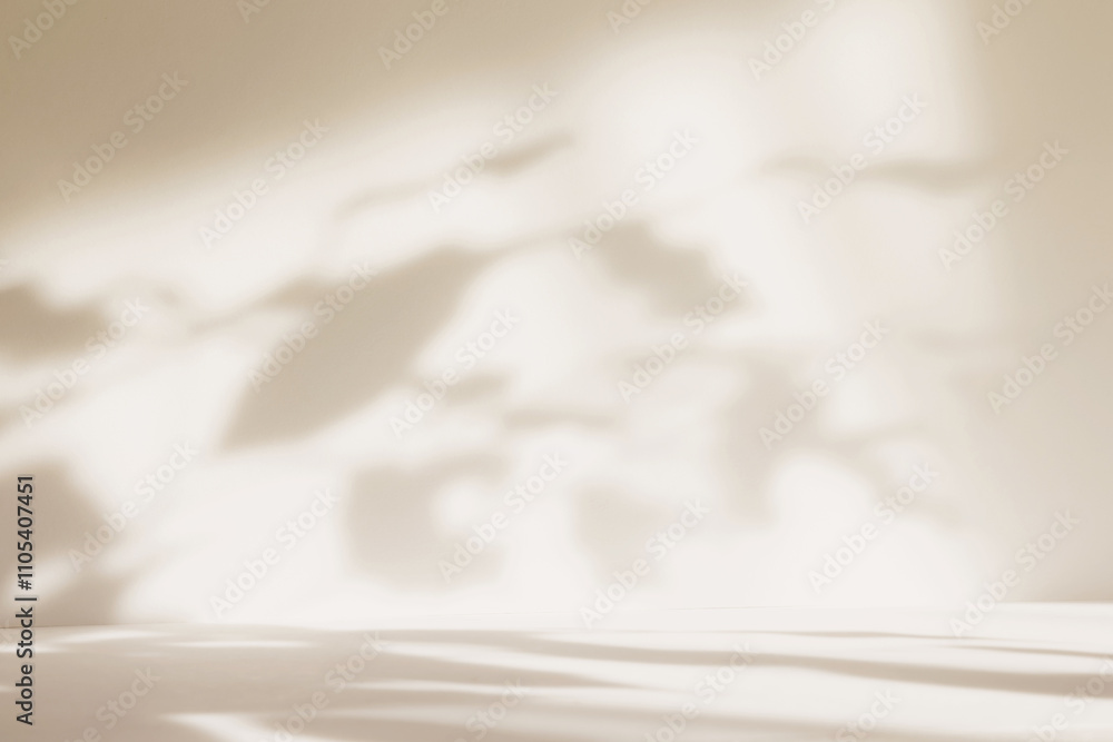 Poster Abstract beige color gradient studio background for product presentation. Empty room with shadows of window and flowers and plant leaves . 3d ivory room with copy space. Blurred backdrop.