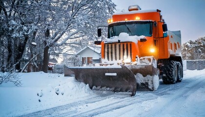 snowy road cleaning works, snow plowing and road closing