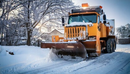 snowy road cleaning works, snow plowing and road closing