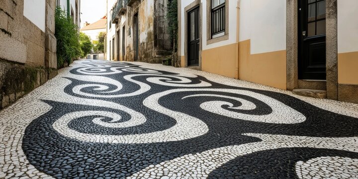 Black and white wave patterns create a stunning visual in Portuguese pavement, showcasing the unique beauty of calcada portuguesa with intricate designs and artistic flair.