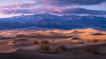 Naklejka premium Stunning desert landscape at sunset with rolling sand dunes and mountains