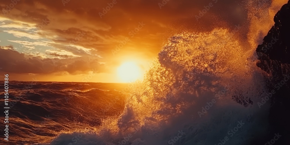 Aufkleber sunset waves crashing against lava rock create a stunning view. the mesmerizing sunset and dynamic w