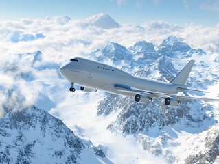 Fototapeta premium A majestic aircraft soars gracefully above snow-capped mountains, surrounded by fluffy clouds. The scene captures the thrill of air travel and the beauty of nature's landscape.