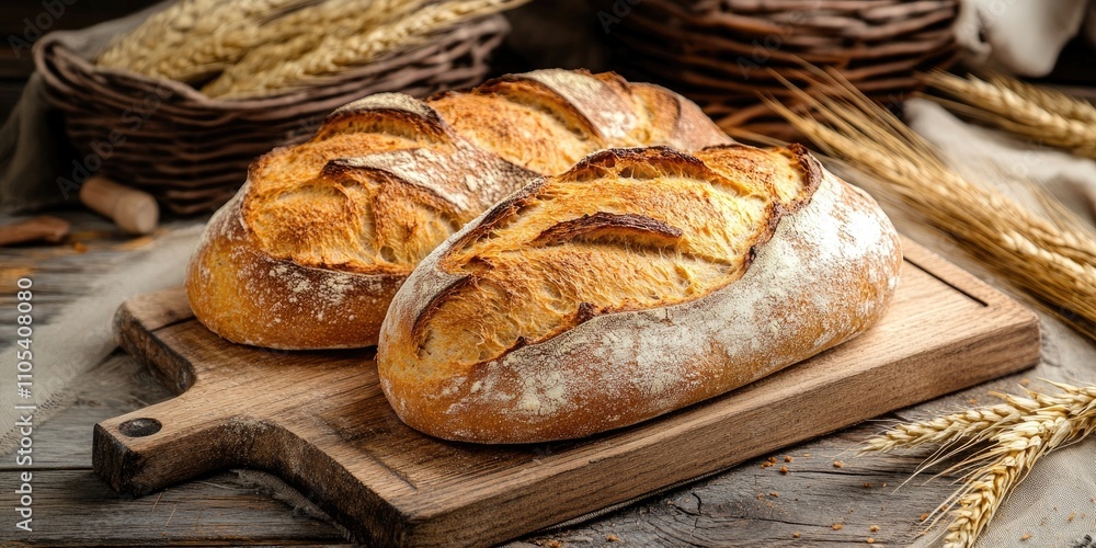Aufkleber freshly baked bread displayed on a rustic wooden background, showcasing the appetizing texture and g