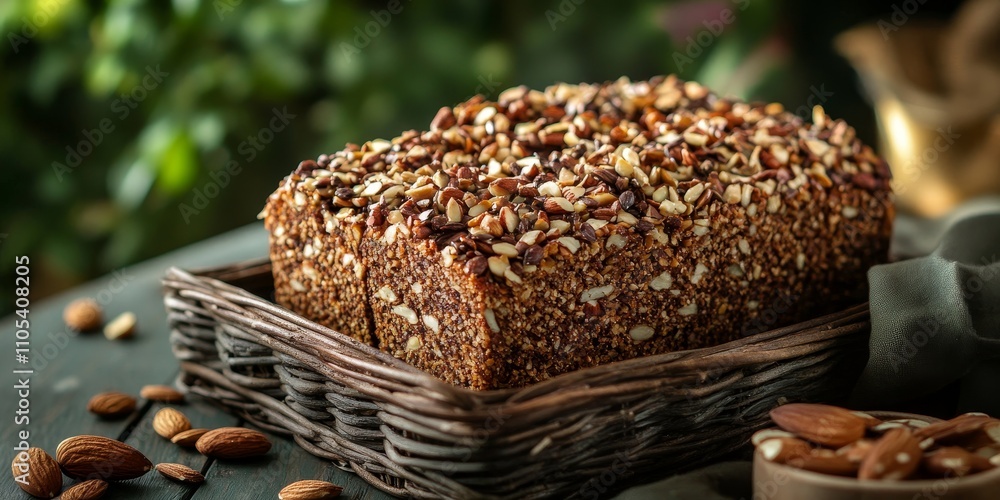 Poster Seed and nut crusted bread loaf displayed in a basket, showcasing the delicious combination of seeds and nuts that create a unique texture and flavor in this bread loaf.