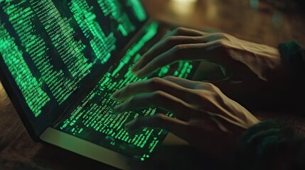 Obraz premium A hacker's hands typing on a laptop with multiple green code windows displayed on the screen.
