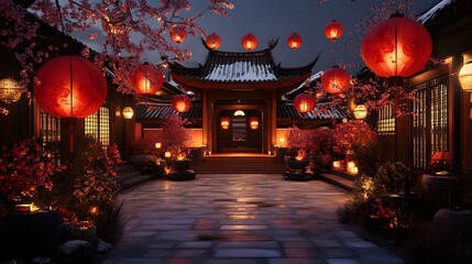 Fototapeta premium A serene evening scene featuring a traditional architecture courtyard adorned with glowing lanterns and cherry blossoms, creating an enchanting atmosphere full of cultural signific
