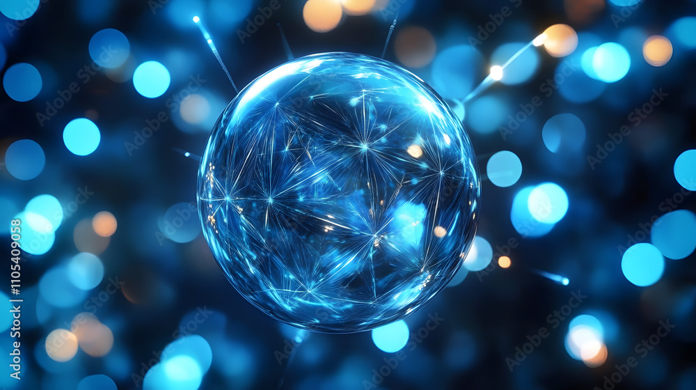 Poster a translucent sphere with a web-like structure, surrounded by blue bokeh lights.