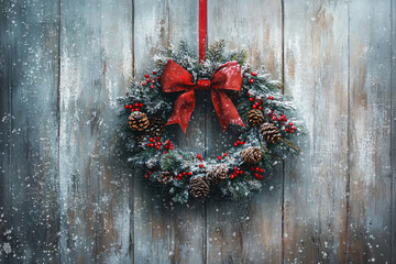Beautiful Christmas wreath on a rustic wooden door dusted with snow