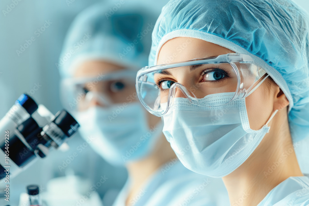 Poster laboratory technicians engaged in meticulous analysis and experimentation using advanced biotechnolo