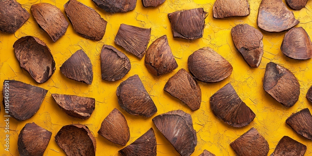 Fototapete Coconut shell pattern displayed vividly on a bright yellow background, showcasing the unique texture and design of the coconut shell pattern. Perfect for highlighting this artistic coconut shell