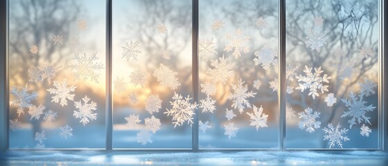 A serene winter scene viewed through frosted glass windows, showcasing snowflakes and a beautiful sunrise, evoking a sense of peace and tranquility during the cold season.
