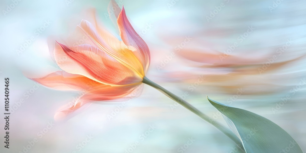 Poster Abstract background featuring blurred leaves and stem of a tulip, creating an artistic representation of nature. The tulip s soft forms and colors enhance the overall blurred abstract background