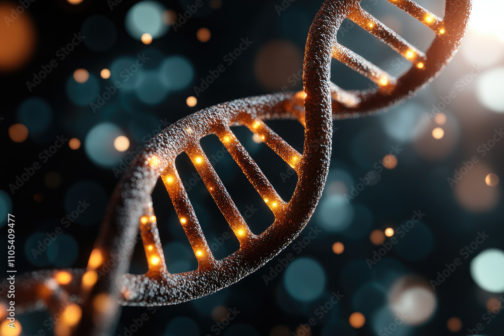 Poster illuminated dna helix with ethereal particles, abstract representation of genetic exploration and sc