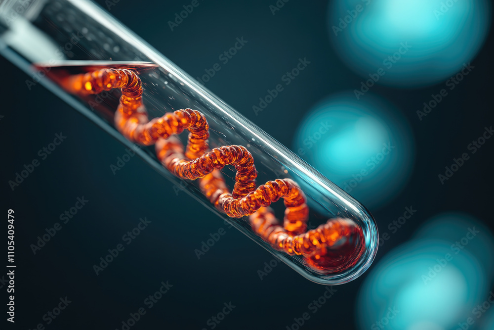 Poster dynamic exploration of animated biotechnology within a test tube, showcasing intricate cellular stru