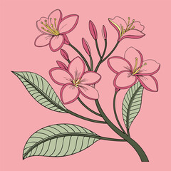 Digital floral artwork in simple style with green leaves and pink flowers on soft background