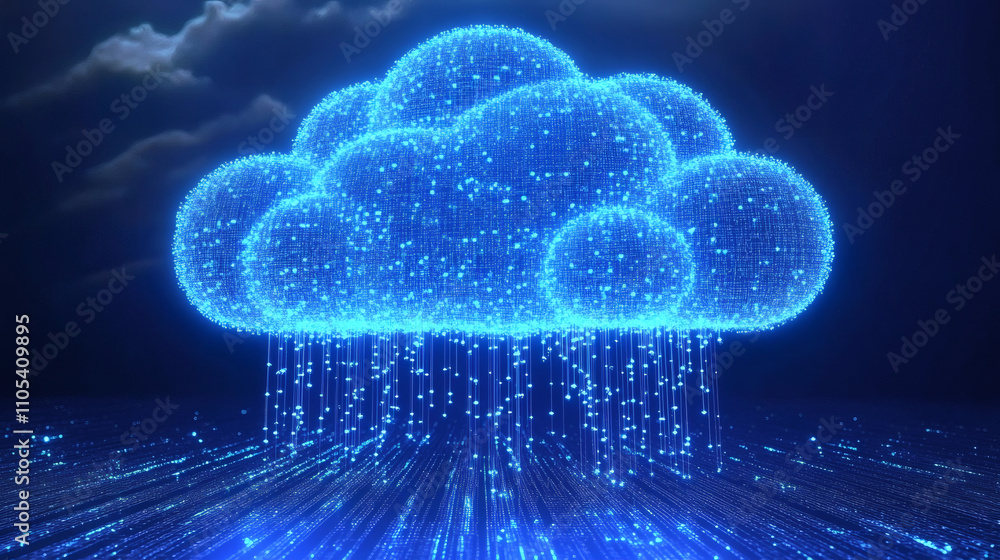 Poster glowing digital cloud transferring data through network connections, symbolizing cloud computing and
