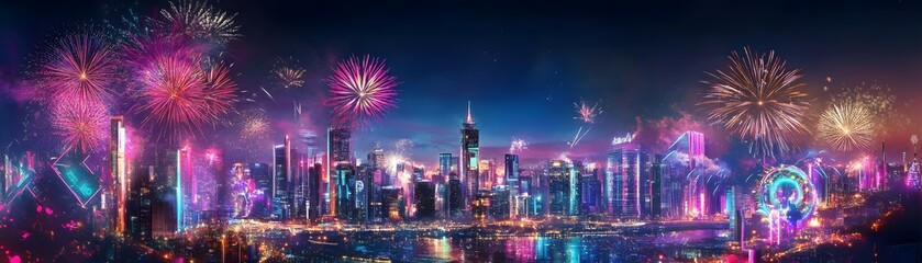 Obraz premium A stunning panoramic view of a vibrant city skyline illuminated by spectacular fireworks, showcasing a blend of modern architecture and festive energy.