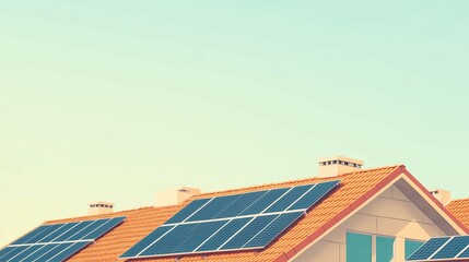 Fototapeta premium Rooftop solar panels with clean lines, absorbing sunlight.