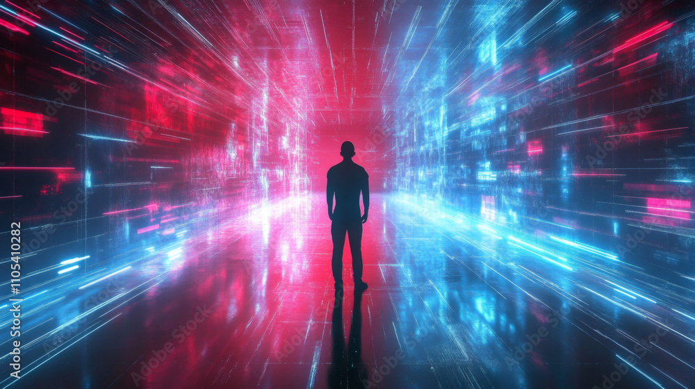 Leinwandbilder exploring virtual reality and big data: software engineer silhouette entering cyberspace