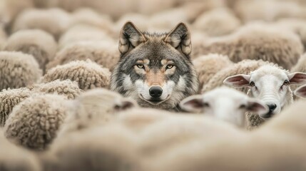 Wolf Hidden Among Sheep Flock Wildlife Predator Camouflage Nature Photography
