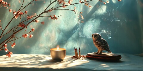 Cherry twigs, candle, and owl figurine create a captivating scene of light and shadow. The owl symbolizes wisdom, complemented by darshan sandal and incense sticks for a serene atmosphere.