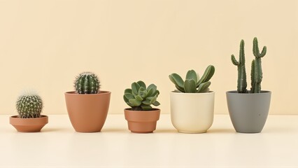 Obraz premium Generative AI, Minimalist Arrangement of Potted Cacti and Succulents in Soft Lighting