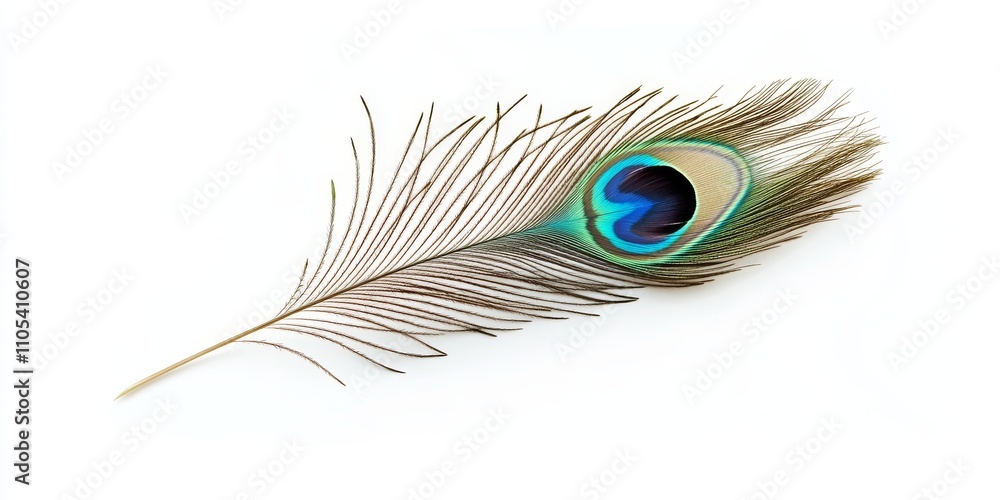 Poster isolated peacock feather on a pristine white background, showcasing the intricate patterns and vibra