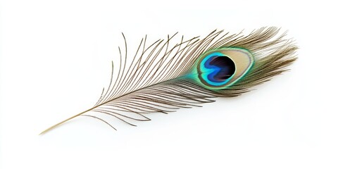 Obraz premium Isolated peacock feather on a pristine white background, showcasing the intricate patterns and vibrant colors of the peacock feather, perfect for artistic and design projects featuring peacock feather