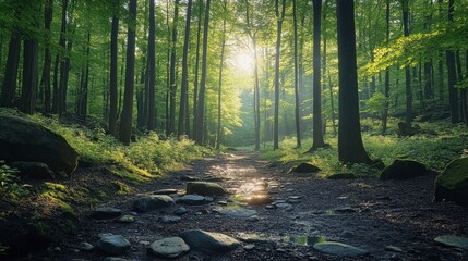 Obraz premium Serene forest scene at sunrise. Sunlight filters through lush green trees, illuminating a path with rocks and a small stream.