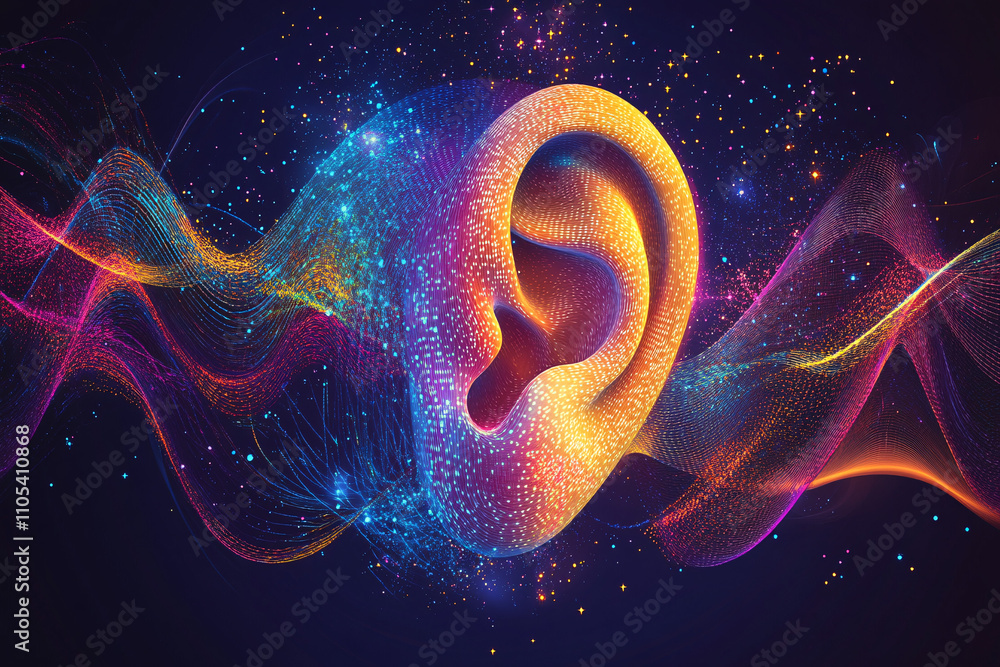 Poster digital abstract art of a vibrant ear surrounded by flowing multicolored sound waves and shimmering 