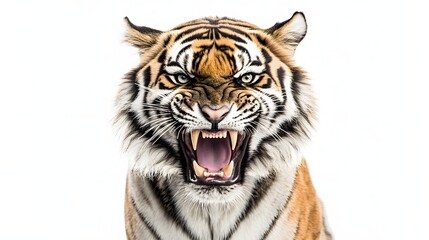 Fototapeta premium A powerful close-up of a tiger, its mouth open in a fierce roar, showcasing its intense gaze and striking orange and black stripes against a clean white background. Wild and majestic.