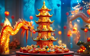 A vibrant display of a traditional Asian pagoda centerpiece adorned with colorful decorations, symbolizing prosperity and celebration during cultural festivals.