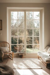 Cozy sunny room with large window and garden view